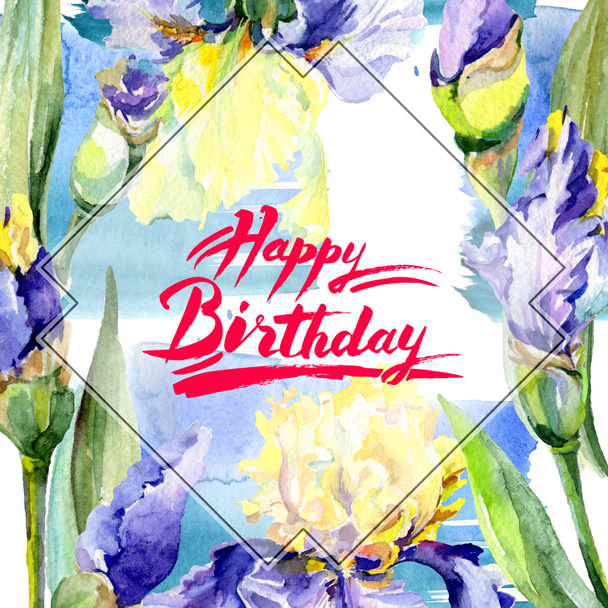 Frame with purple and yellow irises. Watercolor background illustration set with flowers. Watercolour drawing fashion aquarelle. Border with happy birthday sign - Photo, Image
