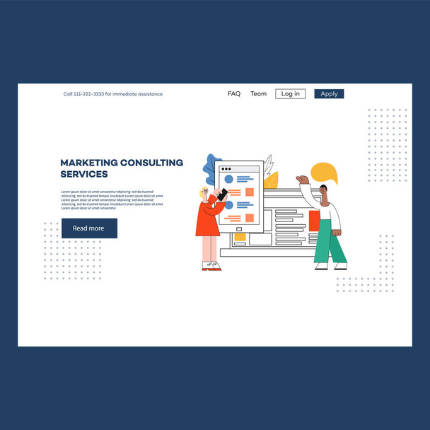 Εικονογράφηση διάνυσμα ιστοσελίδα πρότυπο σχεδίασης σελίδας για συμβουλευτικές υπηρεσίες μάρκετινγκ. - Διάνυσμα, εικόνα