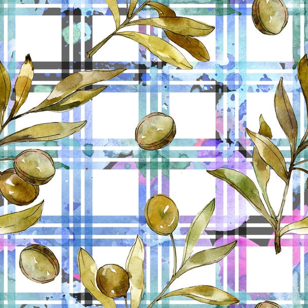 Green olives watercolor background. Watercolour drawing fashion aquarelle isolated. Botanical garden foliage and olives. - Valokuva, kuva