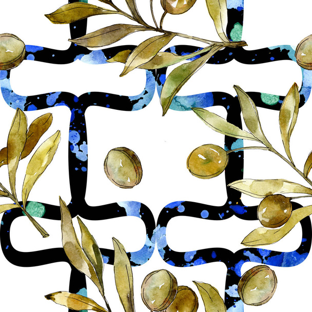 Olives vertes fond aquarelle. Aquarelle dessin mode aquarelle isolé. Feuillage et olives du jardin botanique
. - Photo, image