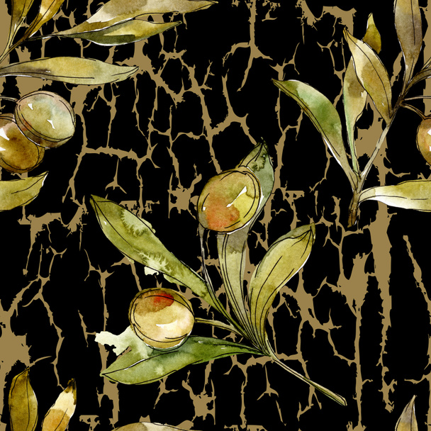 Green olives watercolor background illustration set. Watercolour drawing fashion aquarelle isolated. Botanical olive foliage. - Fotó, kép