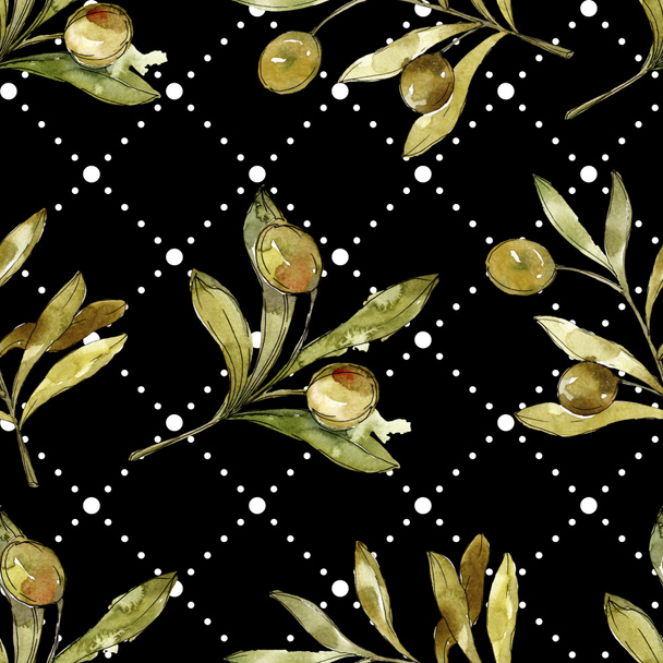 Green olives watercolor background illustration set. Watercolour drawing fashion aquarelle isolated. Botanical olive foliage. - Fotografie, Obrázek