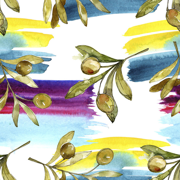 Green olives watercolor background illustration set. Watercolour drawing fashion aquarelle isolated. Botanical olive foliage. - Foto, Bild