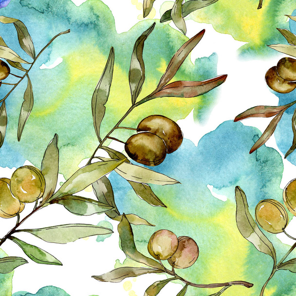 Green olives watercolor background illustration set. Watercolour drawing aquarelle. Seamless background pattern. Fabric wallpaper print texture. - Φωτογραφία, εικόνα