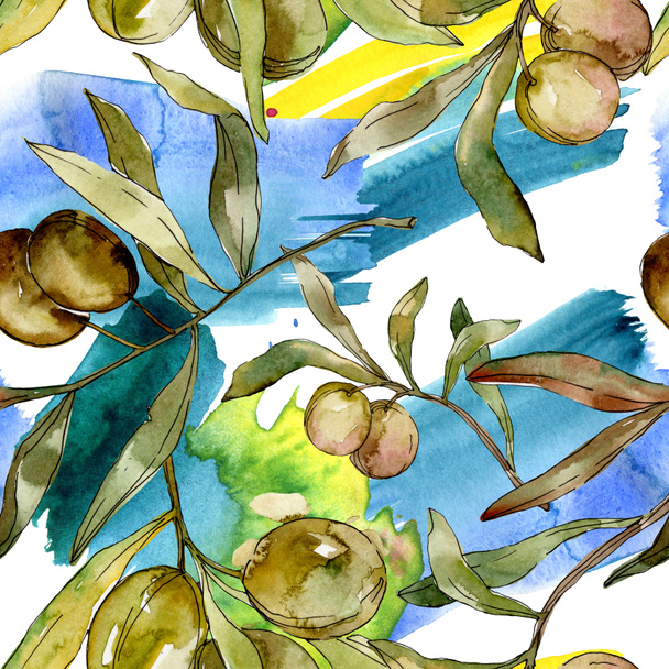 Green olives watercolor background illustration set. Watercolour drawing aquarelle. Seamless background pattern. Fabric wallpaper print texture. - Photo, image