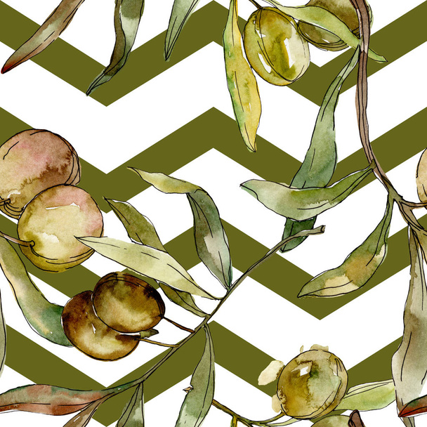Green olives watercolor background illustration set. Watercolour drawing aquarelle. Seamless background pattern. Fabric wallpaper print texture. - Fotografie, Obrázek