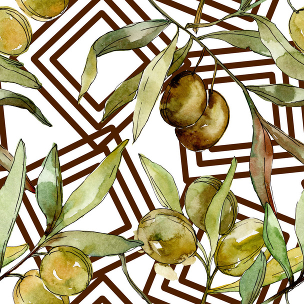 Green olives watercolor background illustration set. Watercolour drawing aquarelle. Seamless background pattern. Fabric wallpaper print texture. - Fotografie, Obrázek