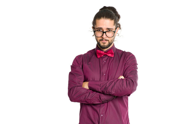 Portrait of a man with glasses and bow  tie isolated on a white background. - Photo, image