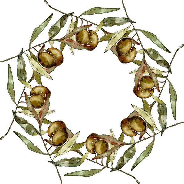 Рамка з зеленими оливками і листя акварельного фону ілюстрація набір. Акварельний малюнок моди акварель ізольовано
.  - Фото, зображення