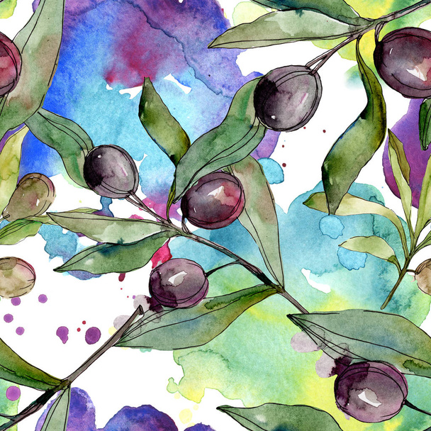 Black olives watercolor background illustration set. Watercolour drawing fashion aquarelle isolated. Seamless background pattern. Fabric wallpaper print texture. - Valokuva, kuva