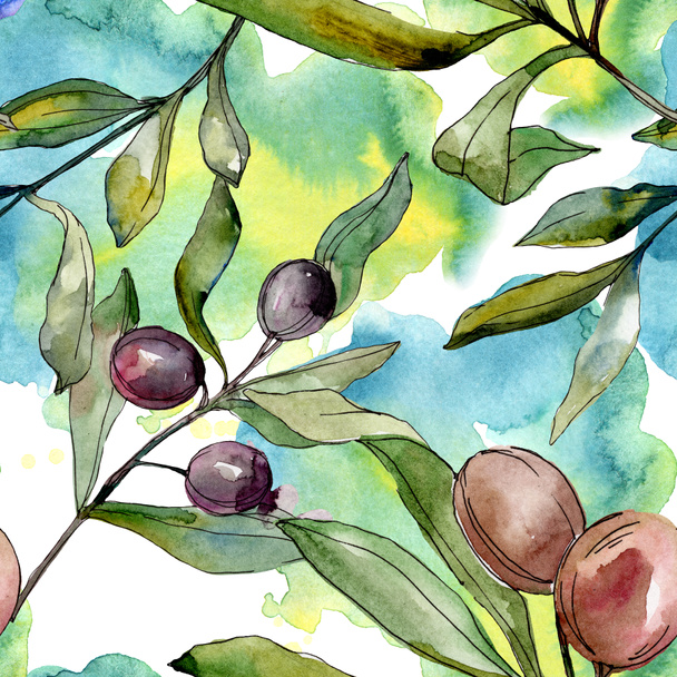 Black olives watercolor background illustration set. Watercolour drawing fashion aquarelle isolated. Seamless background pattern. Fabric wallpaper print texture. - Fotoğraf, Görsel