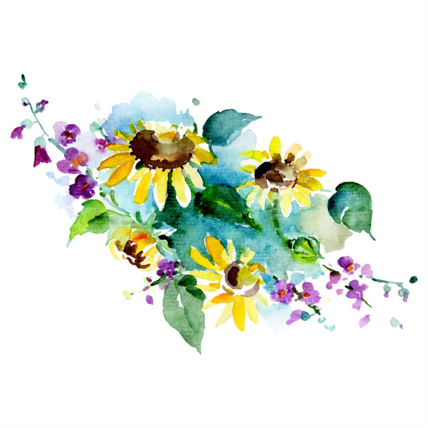 Bouquet of wildflowers and sunflowers. Watercolor background illustration set. Watercolour drawing fashion aquarelle isolated. Isolated bouquet element. - Zdjęcie, obraz
