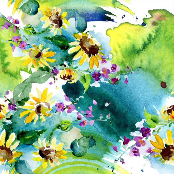 Bouquet of wildflowers and sunflowers. Watercolor background illustration set. Watercolour drawing fashion aquarelle isolated. Seamless background pattern. Fabric wallpaper print texture. - Foto, afbeelding