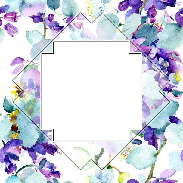 Frame with Bouquet of purple flowers. Watercolor background illustration set. Watercolour drawing fashion aquarelle isolated. - Fotoğraf, Görsel