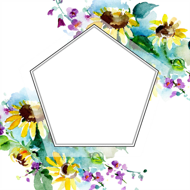 Frame with sunflowers isolated. Watercolor background illustration set. Watercolour drawing fashion aquarelle isolated. - 写真・画像