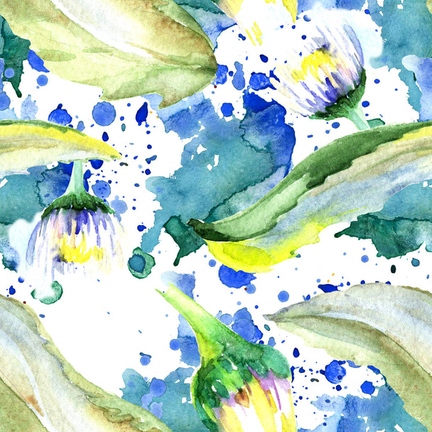 Daisy flowers background. Watercolor background illustration set. Watercolour drawing aquarelle isolated. Seamless background pattern. Fabric wallpaper print texture. - Zdjęcie, obraz