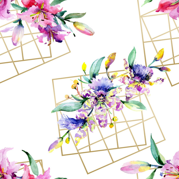 Fleurs d'orchidées roses et violettes. Aquarelle dessin mode aquarelle isolé. Modèle de fond sans couture. Texture d'impression papier peint tissu
. - Photo, image