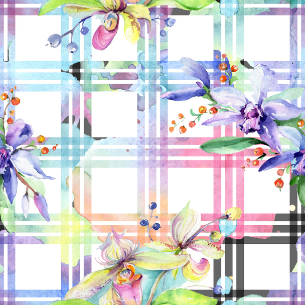 Pink and purple orchid flowers. Watercolour drawing fashion aquarelle isolated. Seamless background pattern. Fabric wallpaper print texture. - Foto, Imagem
