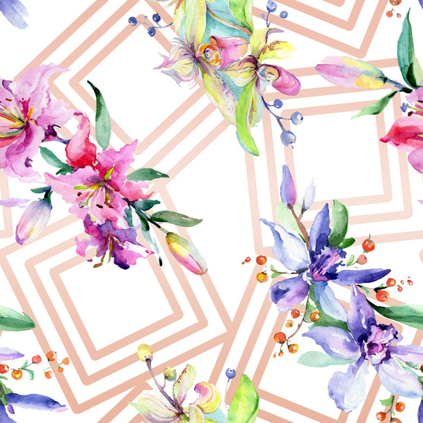 Pink and purple orchid flowers. Watercolour drawing fashion aquarelle isolated. Seamless background pattern. Fabric wallpaper print texture. - 写真・画像