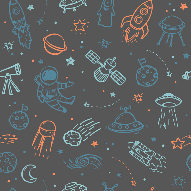 Безшовний візерунок з мальованих вручну каракулів НЛО, інопланетян, планет і космічних апаратів
. - Вектор, зображення