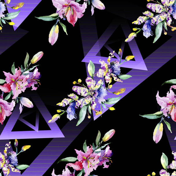 Pink and purple orchid flowers. Watercolour drawing fashion aquarelle isolated. Seamless background pattern. Fabric wallpaper print texture. - 写真・画像