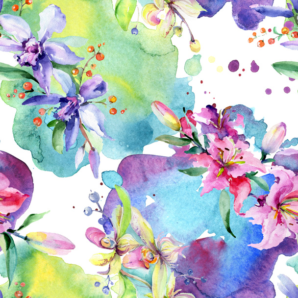 Flores de orquídea rosa y púrpura. Acuarela dibujo moda acuarela aislado. Patrón de fondo sin costuras. Textura de impresión de papel pintado de tela
. - Foto, Imagen