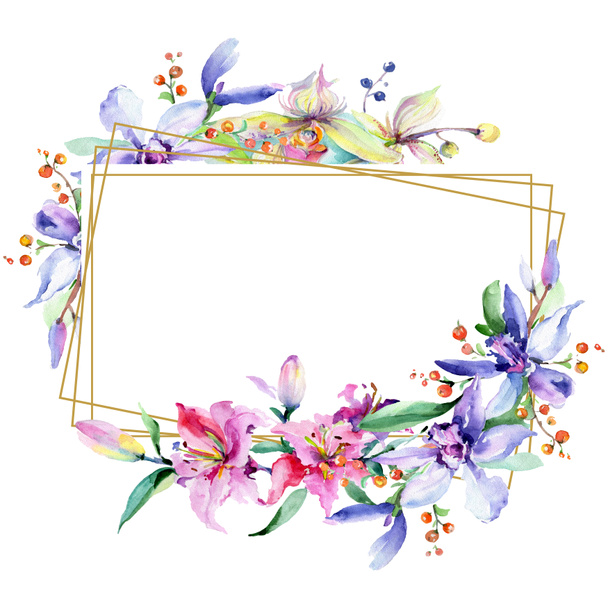 Rama z różowe i fioletowe kwiaty orchidei. Akwarela rysunku aquarelle moda na białym tle. Granicy ornament  - Zdjęcie, obraz