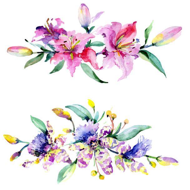 Pink and purple orchids. Watercolor background illustration set. Watercolour flower bouquet illustration element. - Photo, Image