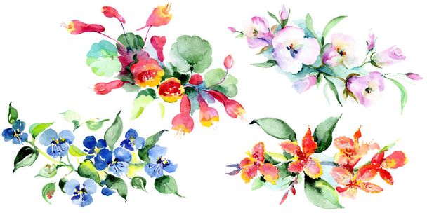 Bouquet of colorful spring flowers. Watercolor background illustration set. Watercolour drawing fashion aquarelle isolated. Isolated bouquet illustration element. - Фото, изображение
