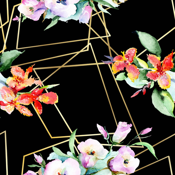緑の葉を持つ美しい蘭の花 水彩画背景イラスト シームレスな背景パターン 壁紙印刷手触りの生地 ロイヤリティフリー写真 画像素材