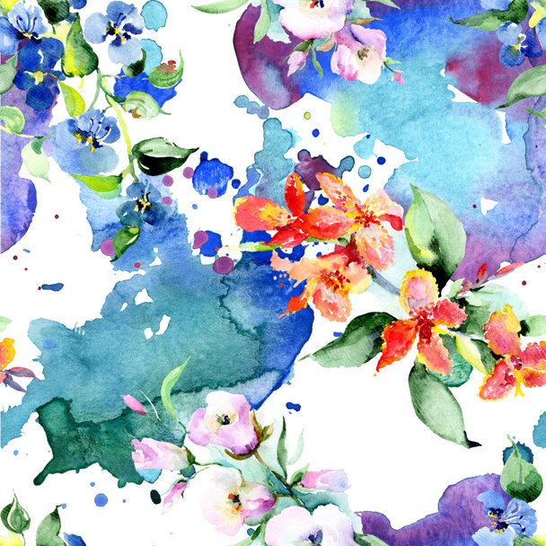 Background with colorful spring flowers. Watercolor background illustration set. Watercolour drawing fashion aquarelle isolated. Isolated bouquet texture - Photo, Image
