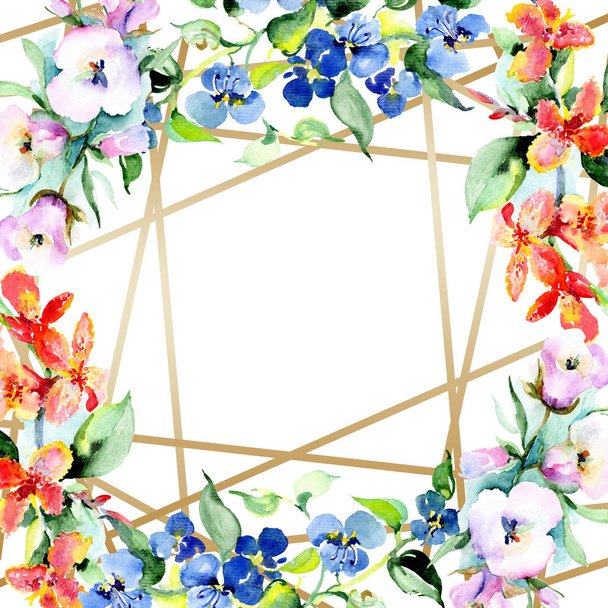 Frame of colorful spring flowers. Watercolor background illustration set. Watercolour drawing fashion aquarelle isolated. Ornamental border  - Fotoğraf, Görsel