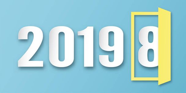 Mutlu yeni yıl 2019 dekorasyon mavi zemin üzerine. Vektör çizim kağıt kesiği ve dijital el sanatları sayısında hat tasarımı ile. Kavramı bu yıl değiştirme vardır gösterir. - Vektör, Görsel