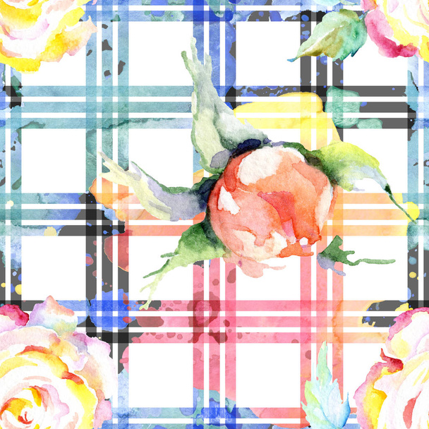 Orange rose flowers. Watercolour drawing fashion aquarelle isolated. Seamless background pattern. Fabric wallpaper print texture. - Foto, Bild