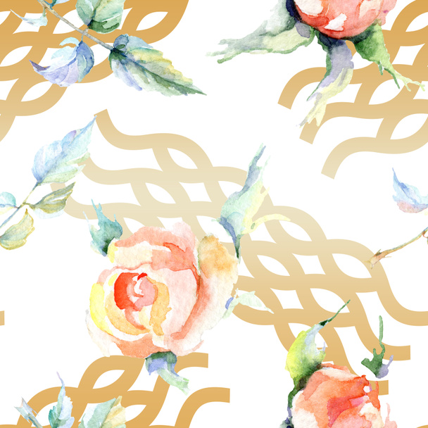Orange rose flowers. Watercolour drawing fashion aquarelle isolated. Seamless background pattern. Fabric wallpaper print texture. - Photo, image