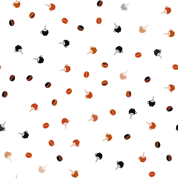 Dark Orange vector cubierta sin costuras con conjunto de granos de café. Ilustración colorida con granos de café degradados, tazas. Diseño de anuncios, póster, pancarta de cafeterías, restaurantes
. - Vector, Imagen