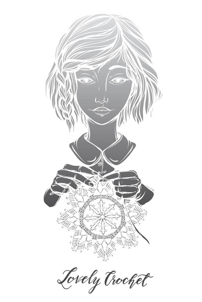 Illustrazione vettoriale ritratto una ragazza, uncinetto. Realizzato a mano, stampe su magliette, tatuaggi
. - Vettoriali, immagini