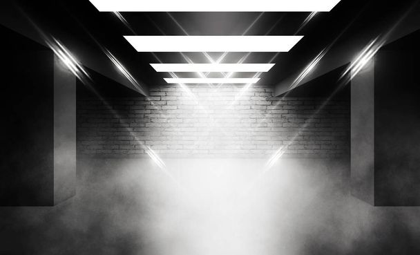Background of an empty dark room with brick shades, illuminated by neon lights with laser beams, smoke - Photo, Image