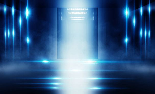 レンガの壁、スポット ライトに照らされた空建物の背景。開いたエレベーターのドアのビュー。ネオンの光の煙. - 写真・画像