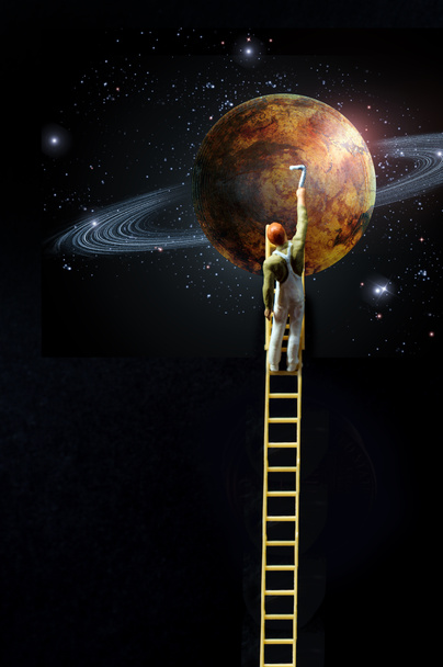 Ambicioso pintor sube escalera a la luna metáfora conceptual para alcanzar las estrellas
 - Foto, Imagen
