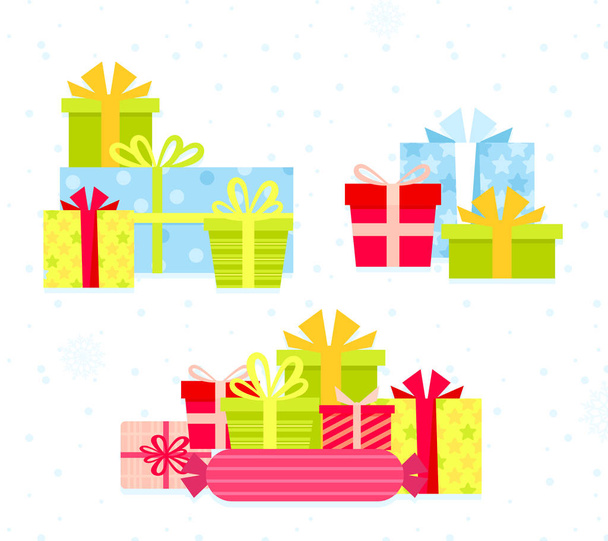 Набор векторных иллюстраций из различных красочных подарочных коробок. Плоский мультипликационный дизайн представляет собой коробки с ботами ярких цветов. Коллекция рождественских подарков, подарки на дни рождения
. - Вектор,изображение