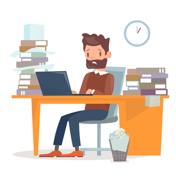 Vector illustration of unhappy tired businessman sitting at the desk with computer and a lot of papers and documents. A lot of work for manager character. Business concept in flat cartoon style. - Vektör, Görsel