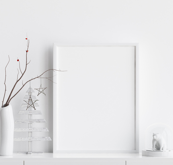Makiety do rama plakatowa z świąteczne dekoracje w domu wnętrz, styl skandynawski, renderowania 3d - Zdjęcie, obraz