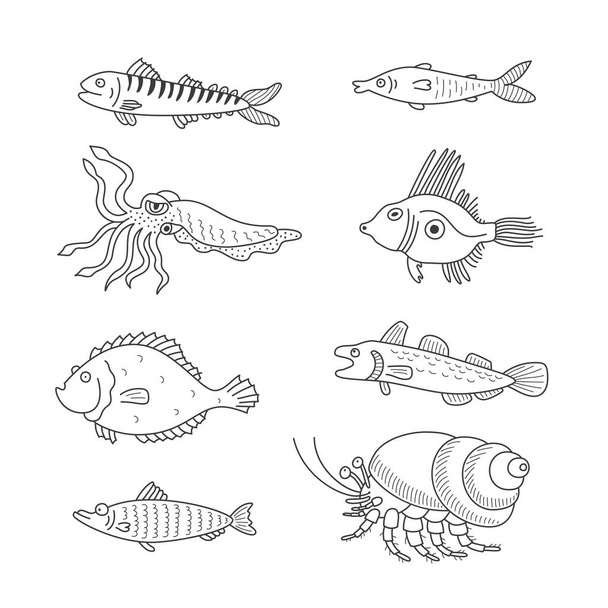 Set of monochrome vector doodle fishes and sea dwellers isolated on white background - Vector, Imagen