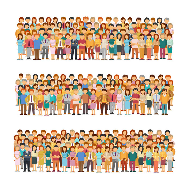 Conjunto de grupos de pessoas vetoriais dispostos em uma fileira em estilo plano
 - Vetor, Imagem