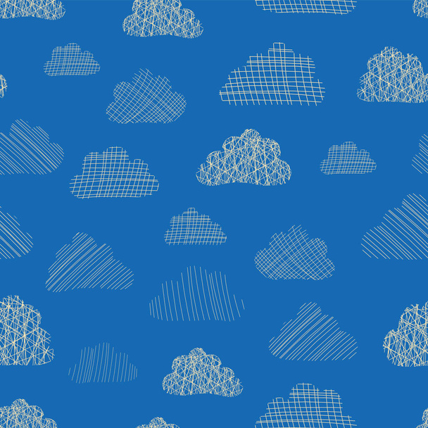Clouds in the sky seamless vector pattern background. Beige silhouettes of doodle textured clouds on a blue background. Great for kids, baby boy, fabric, paper, web banners, wallpaper, cards, invites - Vektör, Görsel