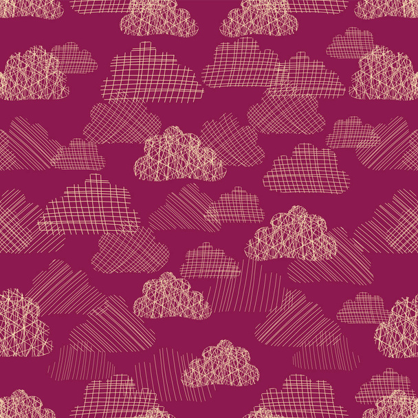 Cloudy sky seamless vector pattern. Beige white silhouettes of textured clouds on dark pink background. Rainy sky. Great for fabric, paper, web banner, wallpaper, cards, invite, decor, kids, baby girl - Vektor, kép