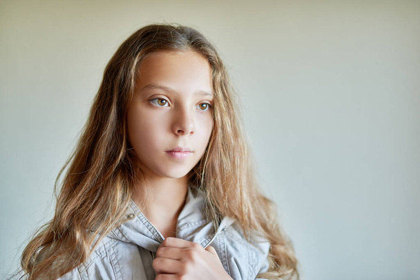 Pequena menina calma bonita com cabelos longos em jaqueta cinza
. - Foto, Imagem