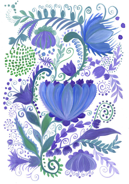 Ukrainian ethnic painting.Flowers, herbs, berries, leaves. Petrikovskaya painting. Flower composition. Stylized flowers. Use printed materials, signs, objects, websites, maps, posters, postcards, packaging.  - Foto, Imagem