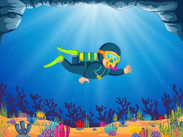 a boy is diving under the beautiful sea with the blue cloth diving - ベクター画像